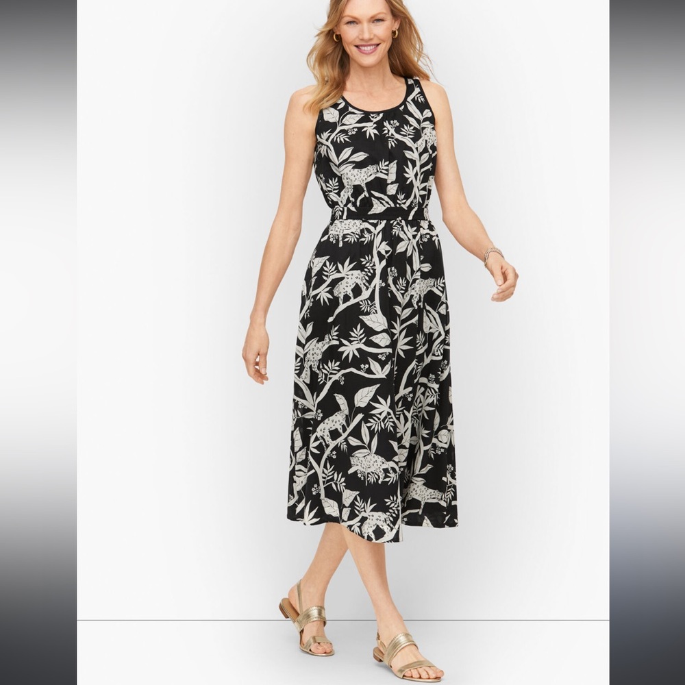 Talbots Tropical Panther Print Tipped Fit & Flare Cinched Elastic Waist